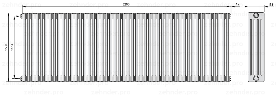 Схема (чертеж) Радиатор Zehnder Charleston 5150/48 №1270 Белый глянцевый RAL 9016